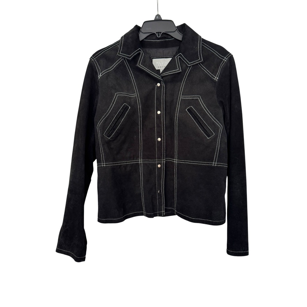 🌴 Wilsons Leather Maxima Black Suede Contrast Stitch Snap Front Jacket Large